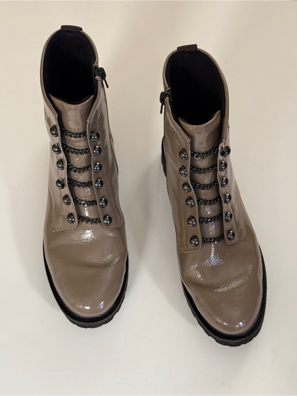 Women’s Remonte Taupe Patent Leather Lace-Up Combat Boots